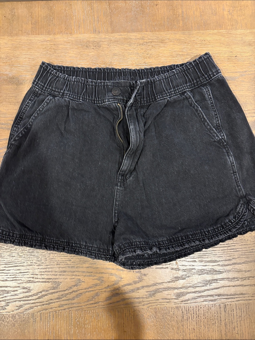 American Eagle Outfitters Washed Black Denim Elastic Waist Shorts- mom shorts